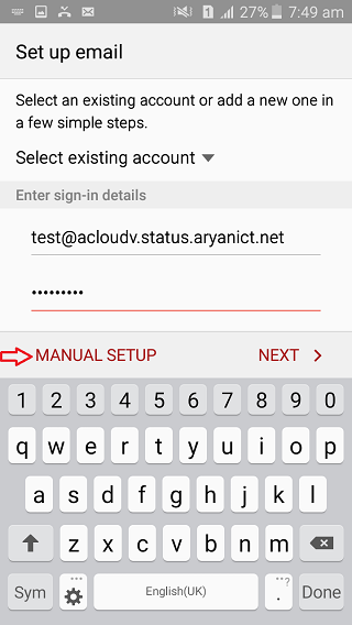 In Account setup enter your full email address and password and select Manual setup.