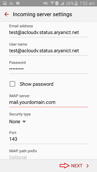 In Account setup change the server to mail.yourdomain.com and verify that the port setting is correct then click next