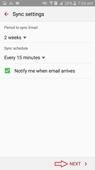 Inbox checking frequency. Here you can sync your emails and set when to get Notifications.