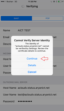 After entering your information and click next you may get a notice saying “Can not verify the Sender identity”. You will want to select Continue in order to configure your email properly.